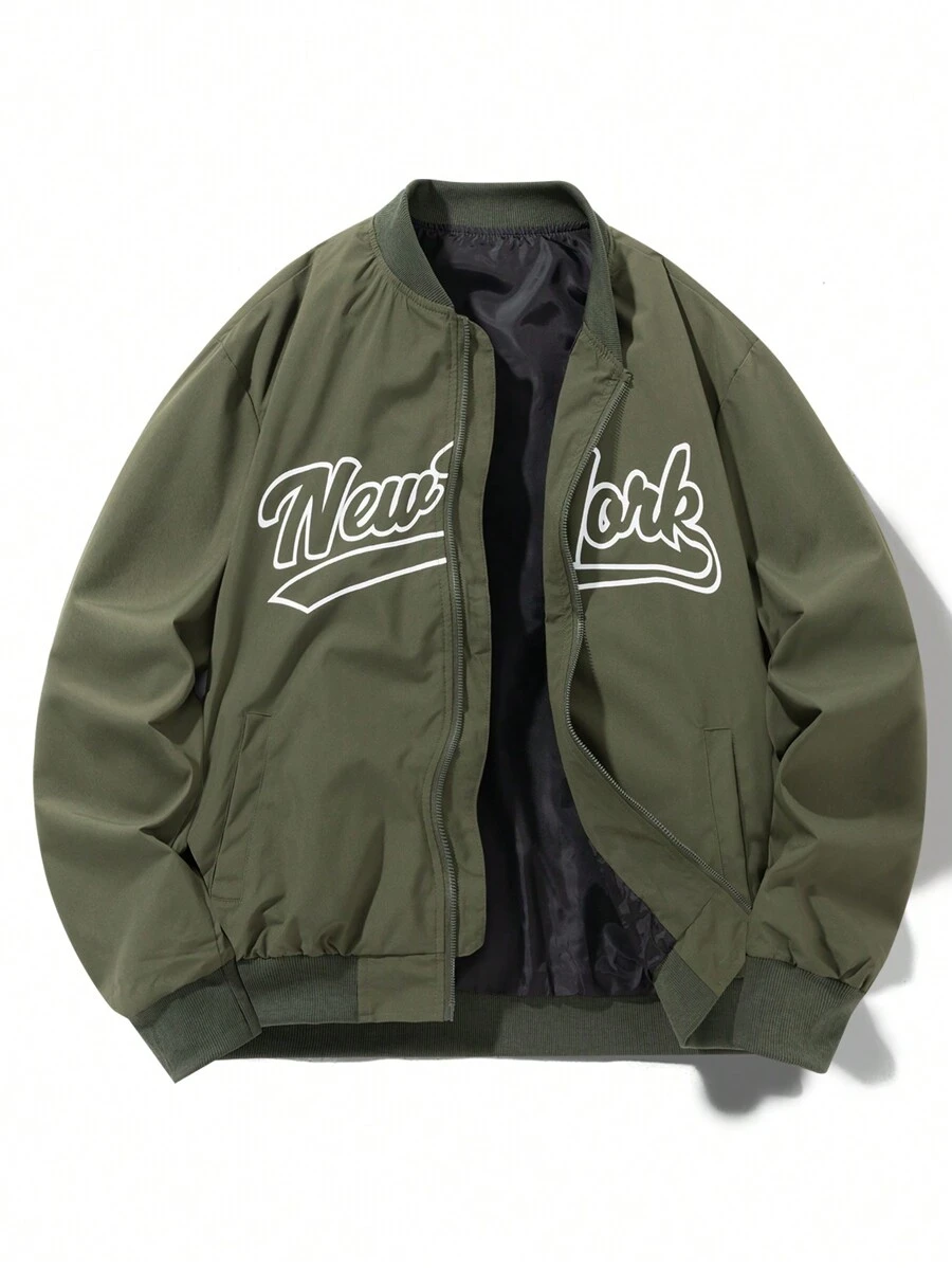 Manfinity Homme 男士前拉链字母印花简约休闲夹克，日常穿着 - 軍綠色 - 查看 1