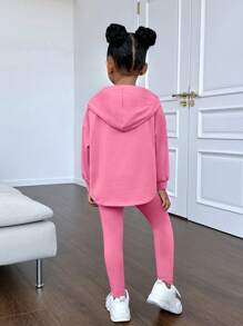 SHEIN 年轻女孩儿童运动休闲针织 3D 压花连帽衫和上衣套装 - 粉色 - 查看 2