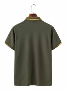 Manfinity Homme 男士拼色飾邊鈕扣休閒百搭短袖 Polo 衫，橄欖綠 Polo 衫，正式款 - 軍綠色 - 查看 2