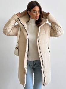 SHEIN Privé New Autumn/Winter Casual Versatile Warm Thermal Lined Hooded Long Winter Coat In Apricot - Apricot - View 8