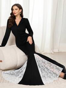 Modelyn Robe longue de soirée élégante pour femmes avec panneau en dentelle, col mandarin et manches longues, style sirène