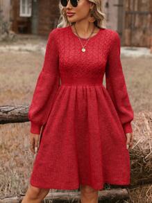 SHEIN VCAY Women's Casual Vacation Linen Patchwork A-Line Waisted Long Sleeve Crew Neck Midi Dress For Autumn/Winter