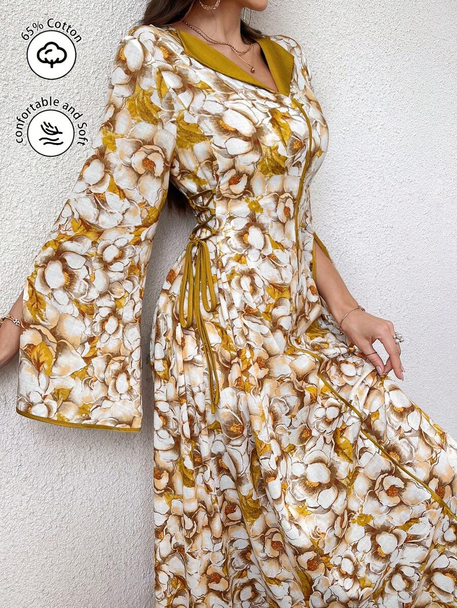 Al Najma 女式花卉印花拼色饰边 V 领长袖 Abaya 连衣裙，端庄优雅的全长超长侧系带领 Jalabiya 适合日常休闲/居家/旅行/度假/派对 - 黃色 - 查看 1