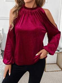 SHEIN Clasi Áo nhung thường ngày lệch vai có cổ xếp nếp cho nữ, mùa thu/đông - Màu Đỏ Sâu - Xem 4