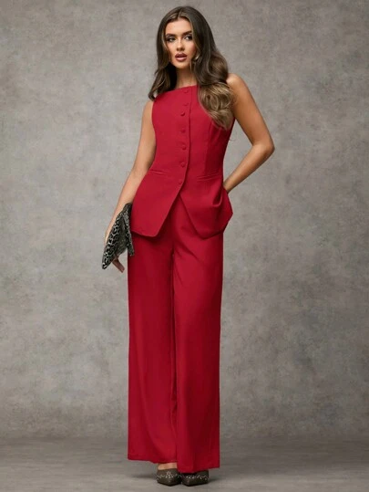 SHEIN BAE Conjunto de chaleco y pantalones de unicolor de cuello redondo y de un solo abotonado, elegante y apropiado para ir al trabajo, ropa de verano y otoño para mujeres, conjunto de traje de oficina, ropa casual de negocios, conjunto de dos piezas para mujeres, ropa de oficina de otoño, conjunto de mujeres, conjunto de blazers de mujeres