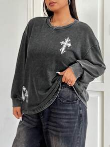SHEIN EZwear Sudadera holgada de manga larga con cuello redondo, de tejido de punto suave con estampado en cruz, en look retro vintage con lavado ácido, para mujeres de talla grande para usar en campus y calle en otoño