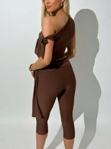 2 件套女士纯色不对称领口修身上衣和 3/4 紧身裤休闲装 - 咖啡棕 - 查看 2