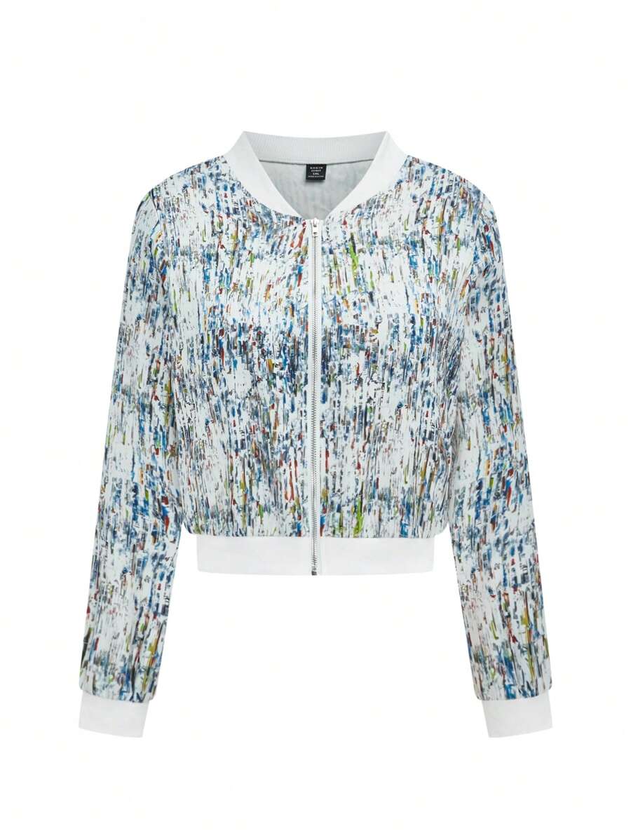 SHEIN LUNE Plus Size Women Digital Sequin Decorated Autumn Woven Jacket - Multicolor - View 1