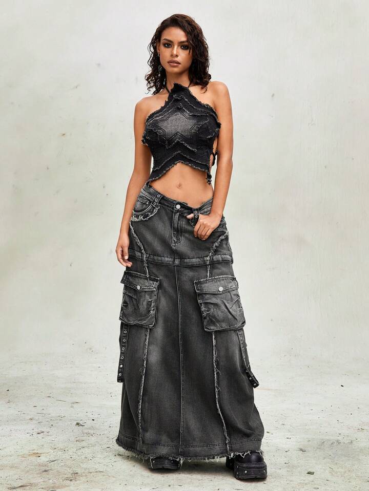 Grunge Punk Distressed Punk Jeans Skirt With Detachable Design, Versatile  Long Denim Skirt For Women