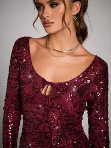 SHEIN BAE Women's Sequined Keyhole Slim Fit Long Sleeve Blouse,Burgundy,Autumn,70's,Club Night,Party Disco Vintage Asymmetric Top Christmas Costume Hippie - Burgundy - View 2