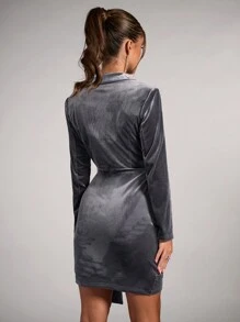 SHEIN BAE 1 件女式纯色褶皱交叉裹身优雅长袖西装外套性感派对天鹅绒西装裙秋季女装圣诞女装派对女装正式女装正式礼服圣诞女装商务休闲女士节日礼服天鹅绒礼服新年礼服圣诞派对礼服 - 藍色 - 查看 3