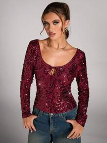 SHEIN BAE Women's Sequined Keyhole Slim Fit Long Sleeve Blouse,Burgundy,Autumn,70's,Club Night,Party Disco Vintage Asymmetric Top Christmas Costume Hippie - Burgundy - View 4