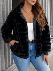 EMERY ROSE Plus Size Simple Plain Zip-Up Front Pocket Casual Faux Rabbit Fur Jacket, For Winter
