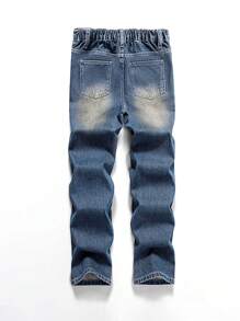 SHEIN Quần Jeans Xanh Denim Dáng Rộng Thời Trang Cổ Điển Cho Bé Trai Tuổi Teen, Quần Áo Thoải Mái Và Đa Năng Cho Ngày Trở Lại Trường Học - Rửa trung bình - Xem 2