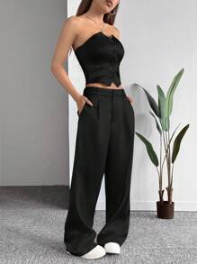 SHEIN EZwear 1set Women's Shiny Satin Suit - Black - View 5