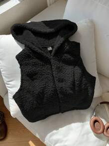 Comfortcana Women Solid Color Front Zipper Sleeveless Casual Hooded Jacket In Fall/Winter