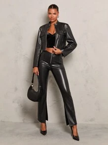 Glamine Chaqueta corta de mujer de piel de poliuretano negra con bolsillos, para otoño - Negro - Ver 5