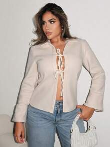 Zolique Casual Solid Color Tie-Up Short Overcoat, Autumn Fall Cloth For Women - Apricot - View 5