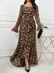 Modelyn Women Animal Leopard Print Boat Neck Elegant Long Sleeve Dress - Multicolor - View 2