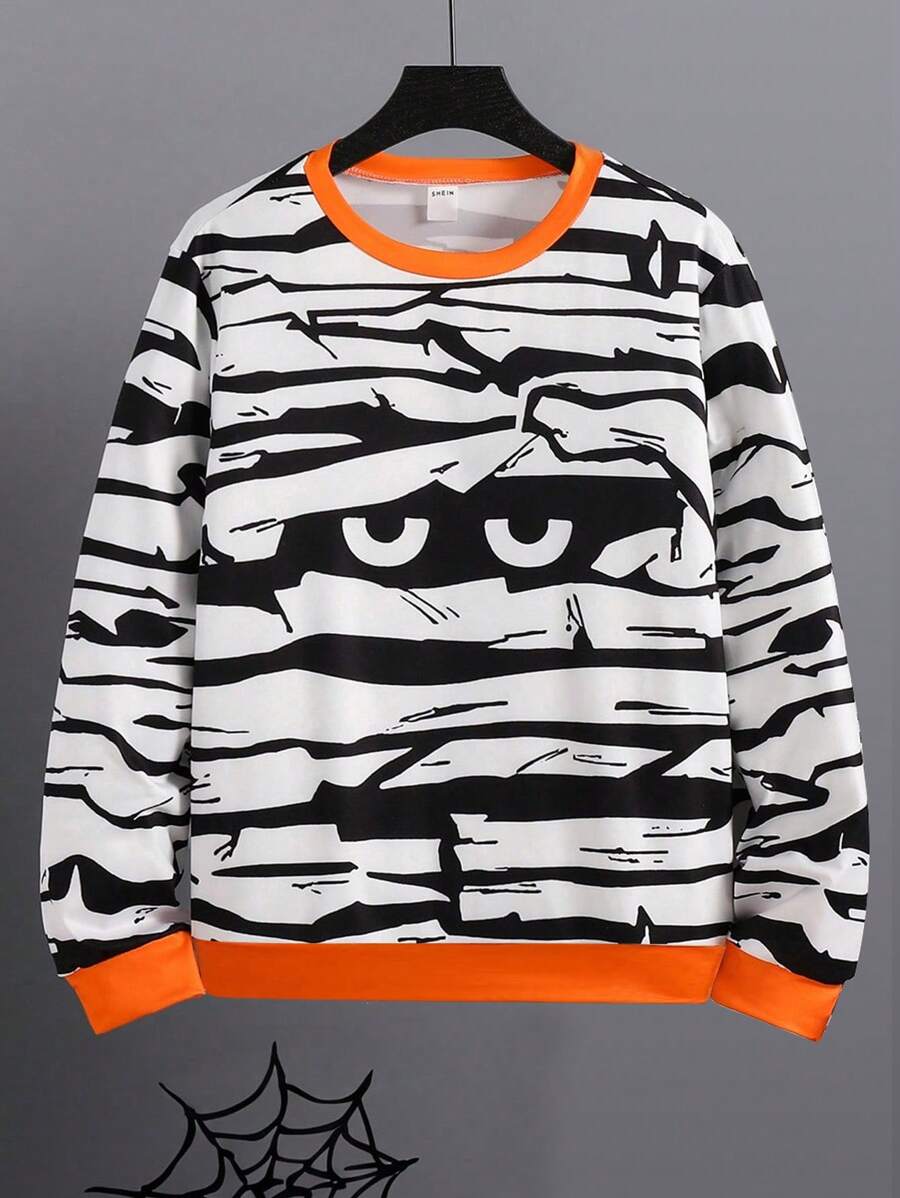 SHEIN LUNE Casual Minimalist Zebra Stripe Allover Printed Loose Crew Neck Open Shoulder Sweatshirt, Plus Size, Autumn/Winter