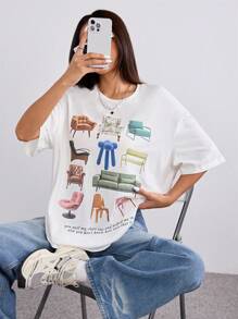 SHEIN EZwear 休闲纯色针织前中心印花圆领短袖宽松女式 T 恤 - 白色 - 查看 3