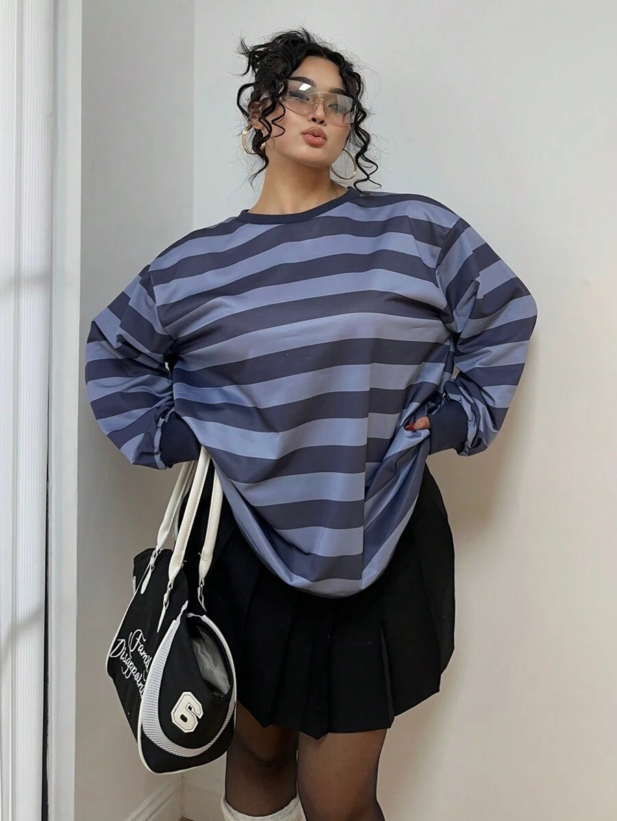 Flirla Plus Size Round Neck Long Sleeve Striped Casual Sweatshirt Graduation,Back To School Outfits,Graduation,Teacher Outfits For Women,Back To School - Purple - View 1