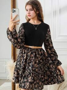 SHEIN 少女黑色碎花拼布腰部 A 字形长袖复古优雅连衣裙，乡村风格 - 黑色 - 查看 3