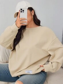 Mulvari Plus Size Casual Slogan Print Drop Shoulder Loose Sweatshirt, Autumn/Winter - Khaki - View 2