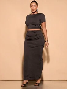 SHEIN BAE Bộ đồ hai mảnh bằng vải thun dệt kim màu đen cỡ lớn dành cho nữ, thích hợp cho những buổi đi chơi và hẹn hò hàng ngày - Cà phê nâu - Xem 6