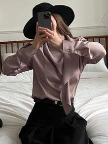 DAZY Women's Solid Color Bow Tie Neck Loose Blouse,Fall Clothes Long Sleeve Top - Baby Pink - View 4