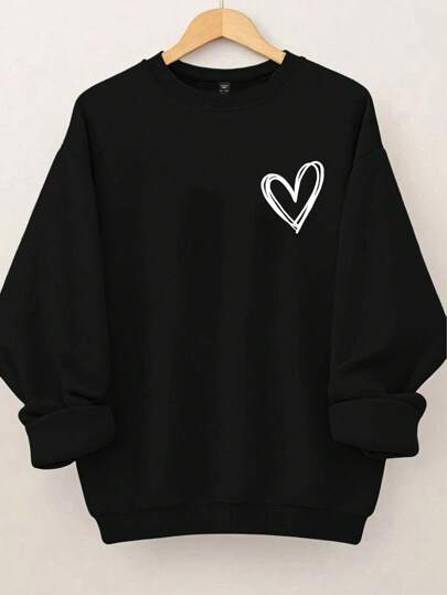 SHEIN CURVE+ Plus Size Women's Heart-Shaped Printed Round Neck Sweatshirt Fall Cloth For Women Winter Autumn