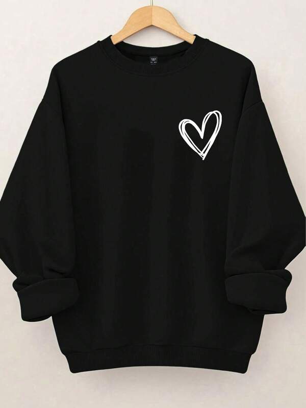 SHEIN CURVE+ Plus Size Women's Heart-Shaped Printed Round Neck Sweatshirt Fall Cloth For Women Winter Autumn