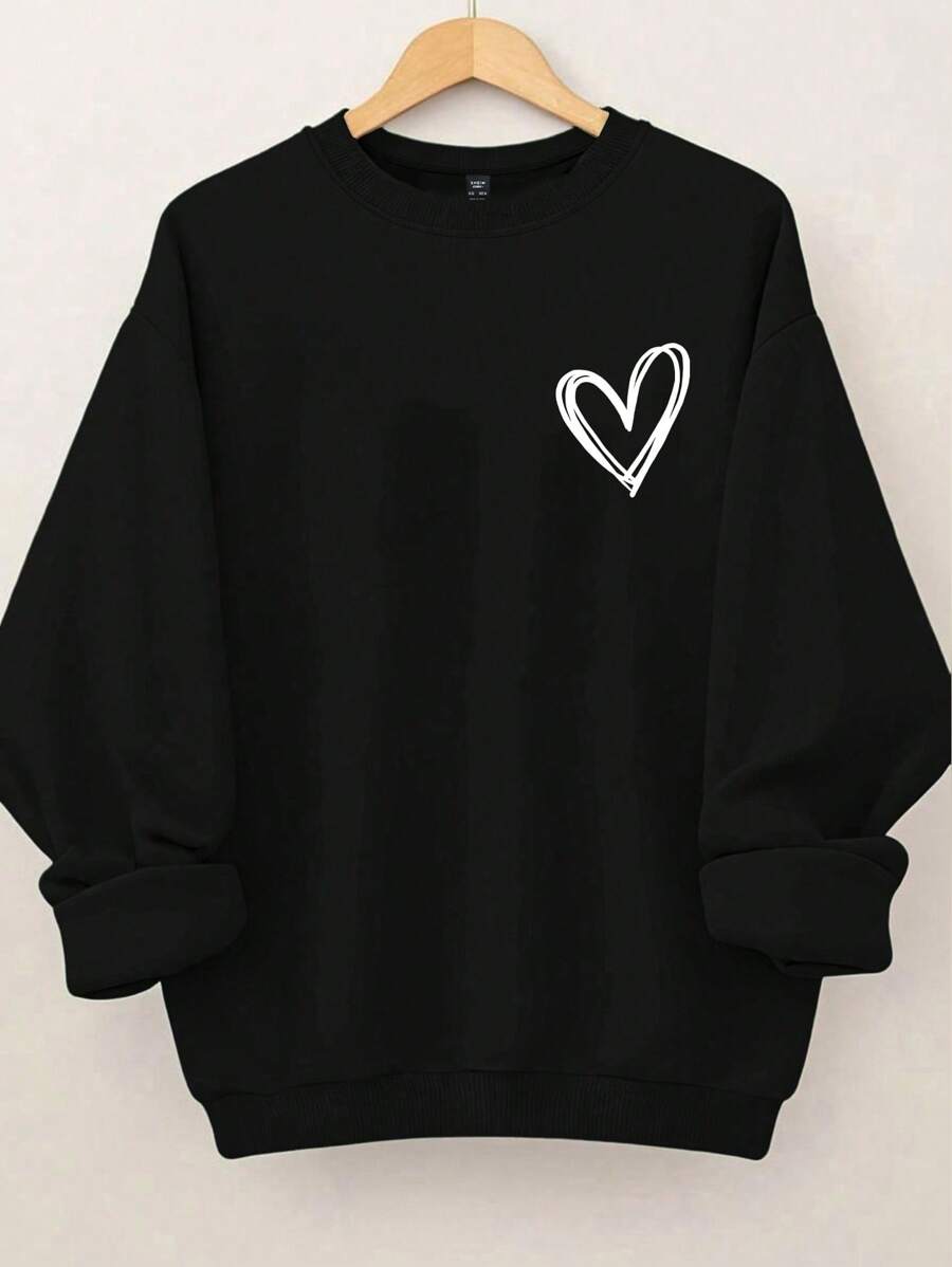 SHEIN CURVE+ 大码女式心形印花圆领运动衫 - 黑色 - 查看 1
