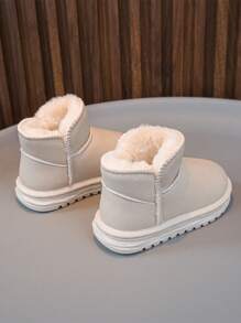 Children's Winter Outdoor Fashion Solid Color Thermal Lined Leather Waterproof Snow Boots, Flat Pull-On Short Boots For Christmas