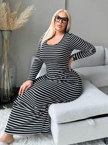 SHEIN SXY Robe ajustée à encolure ras-du-cou à manches longues, grande taille, casual, automne/hiver