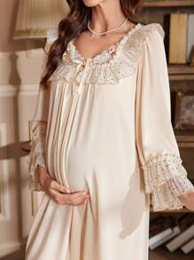 Moonlight&Mama 宫廷风波点图案喇叭袖宽松舒适孕妇睡裙，秋冬款 - 杏色 - 查看 4