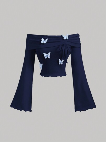 SHEIN MOD T-shirt bleu marine à épaules dénudées avec accent nœud bleu