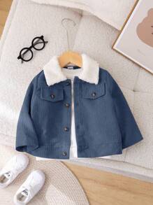 SHEIN Leap Crew Baby Boy/Girl Casual Cute Versatile Corduroy Patchwork Fuzzy Collar Long Sleeve Jacket, Suitable For Autumn & Winter - Blue - View 1