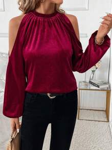 SHEIN Clasi Áo nhung thường ngày lệch vai có cổ xếp nếp cho nữ, mùa thu/đông - Màu Đỏ Sâu - Xem 7