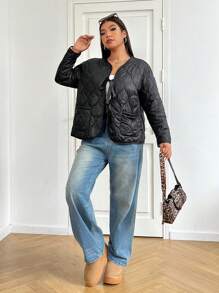 SHEIN EZwear Plus Size Women Warm Padded Jacket, Cold Weather Thermal Quilted Coat, Fall/Autumn Black Padded Outerwear