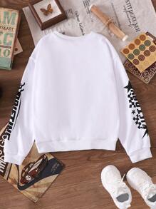 Tween Girls Crew Neck Long Sleeve Sweatshirt With English Car & Letter Print, Autumn - White - View 2