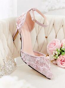 CUCCOO HITCHD Pointed Toe High Heel Lace Net Strappy Sandals Spring Shoes Spring Break Easter Prom Heels - Pink - View 4