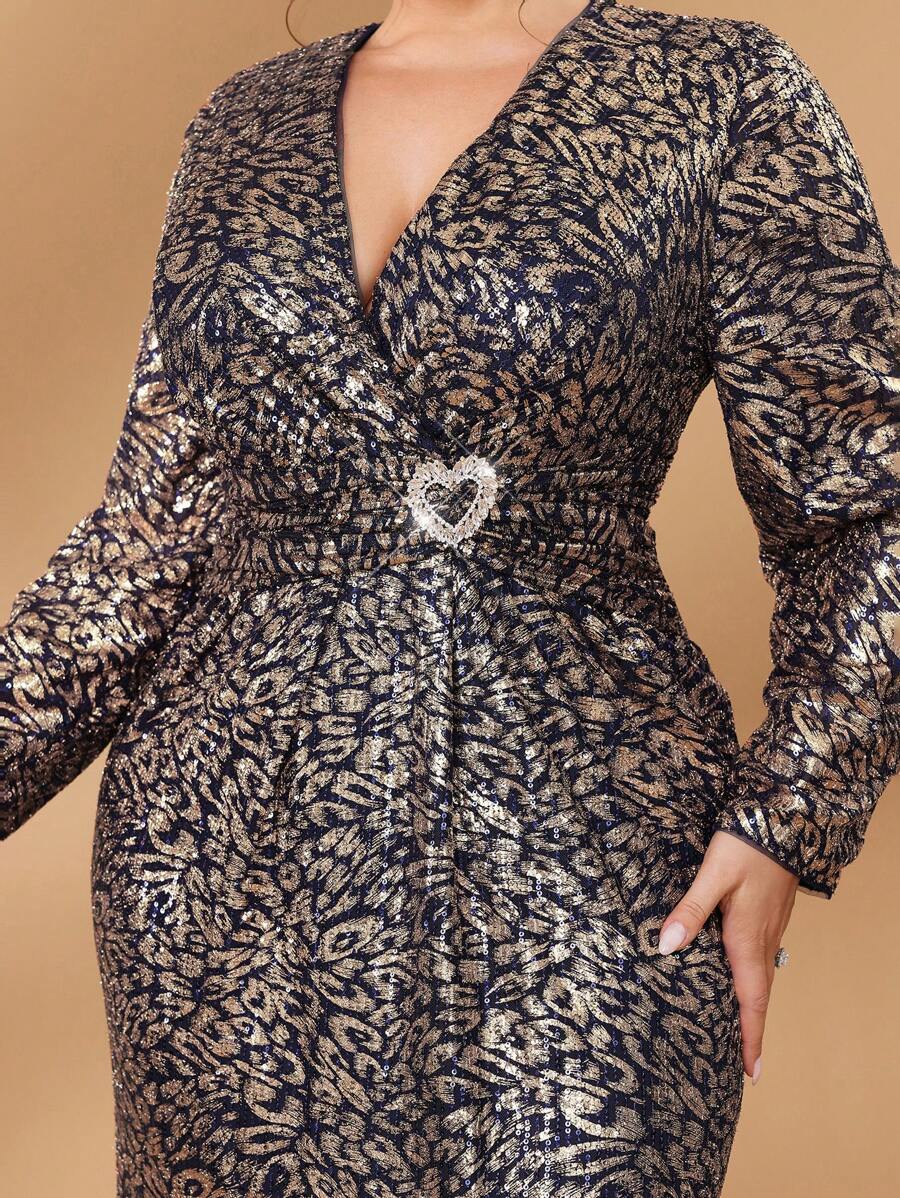 SHEIN Belle Plus Size Luxury Evening Gown With Metallic Leopard Print