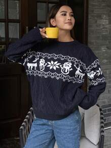 DAZY 女式拼色提花针织宽松长袖圆领毛衣，秋季女装 - 藏蓝色 - 查看 4