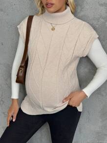 SHEIN Maternity Solid Color Turtleneck Sleeveless Casual Pullover Sweater - Apricot - View 4