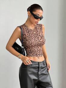 StreetHx Women's Round Neck Leopard Print Sleeveless Tank Top, Casual Daily Wear