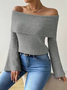 RosyDaze Autumn/Winter New Fashionable Solid Color Rectangular Off Shoulder Sweater Top Knit Pullover Fall Outfit - Dark Grey - View 1