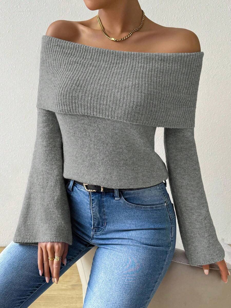 RosyDaze Autumn/Winter New Fashionable Solid Color Rectangular Off Shoulder Sweater Top Knit Pullover Fall Outfit - Dark Grey - View 1