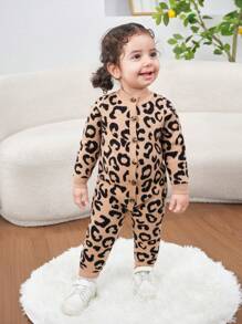 SHEIN Leap Crew Newborn Baby Girl Leopard Pattern Knitted Romper, Autumn/Winter - Brown - View 4