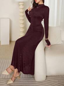 Seusyu 女士简约长款针织高领 A 字形毛衣连衣裙 - 咖啡棕 - 查看 3